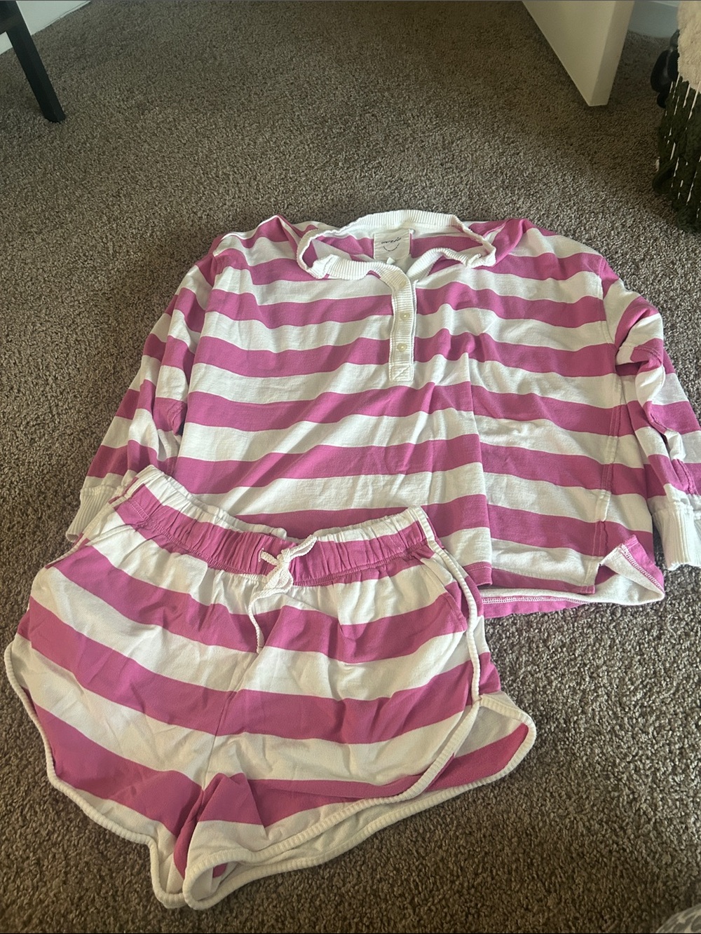 Aerie Pink and White Striped lounge Set - long Sleeve Top & Shorts